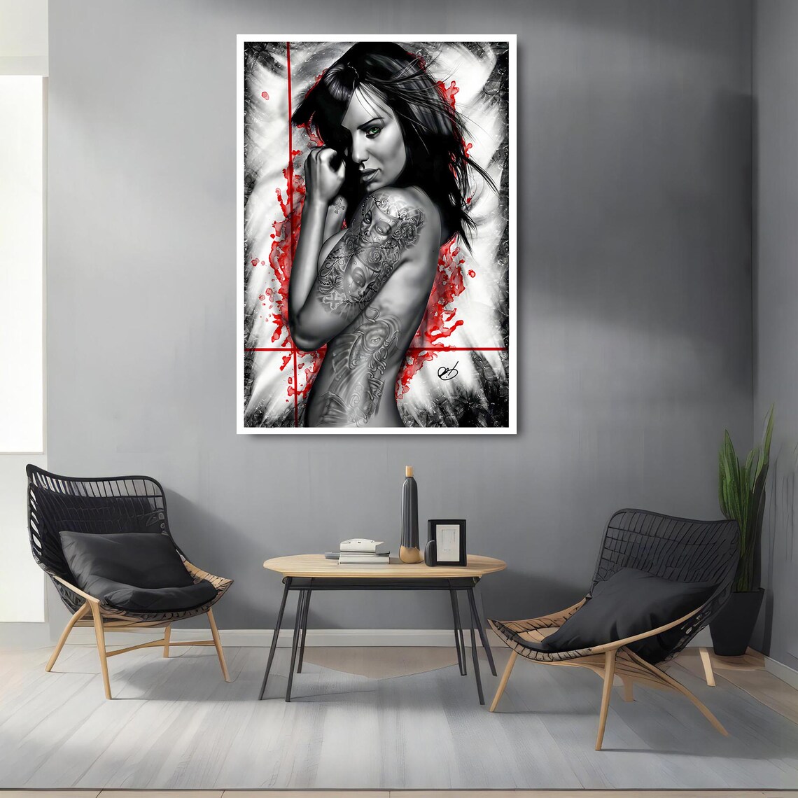 Tattooed Woman Portrait Black And White With Red Splash Art Print Poster - Image 2