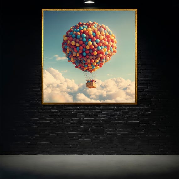 Hot Air Balloon Painting Whimsical Sky Adventure Wall Art Colorful Balloon Flight Print Dreamy Cloud Decor Gift For Travelers