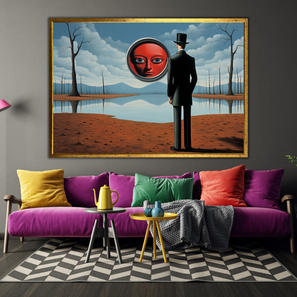 Surreal Giant Red Face Mirror Man Top Hat Dreamscape Art Poster - Image 3