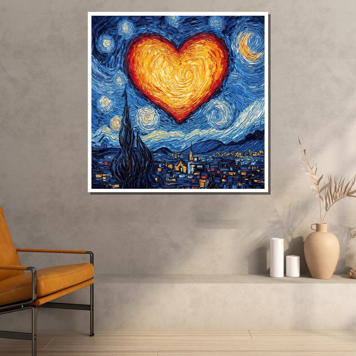 Starry Night Style Heart Over Village Impasto Swirl Painting Art Poster - Image 2