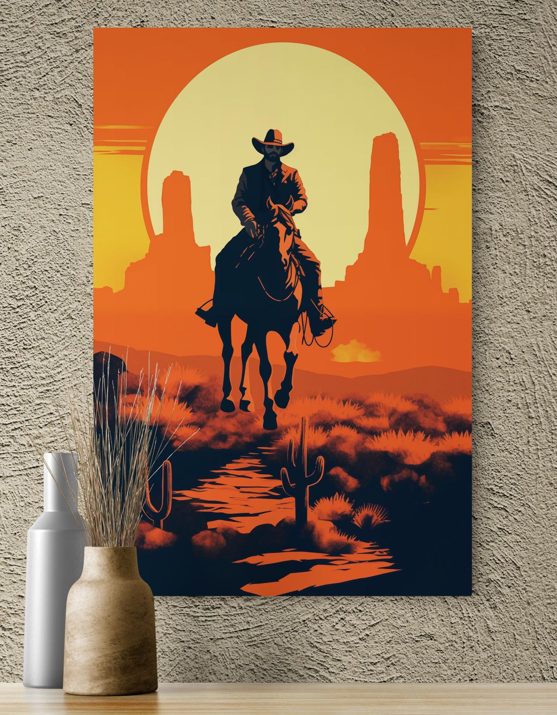 Cowboy on Horseback Sunset Silhouette Western Desert Art Poster - Image 3