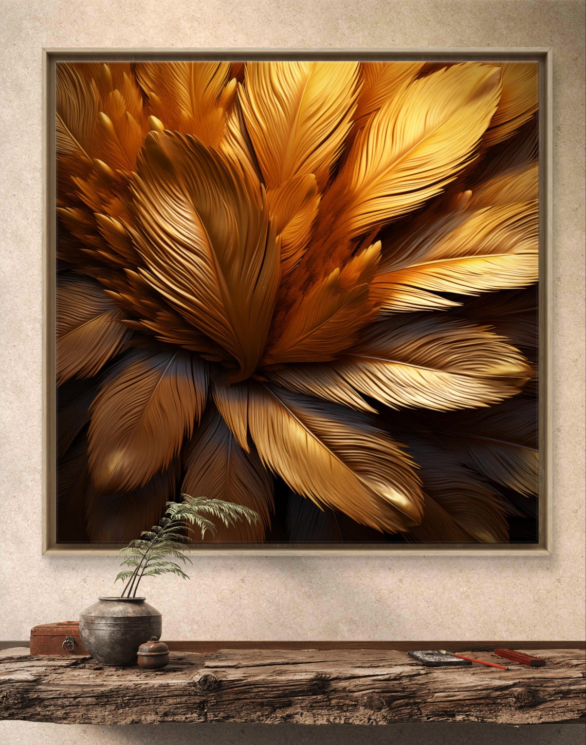 Golden Feather Luxury Abstract Art Poster in Warm Boho Gold Tones - Image 5