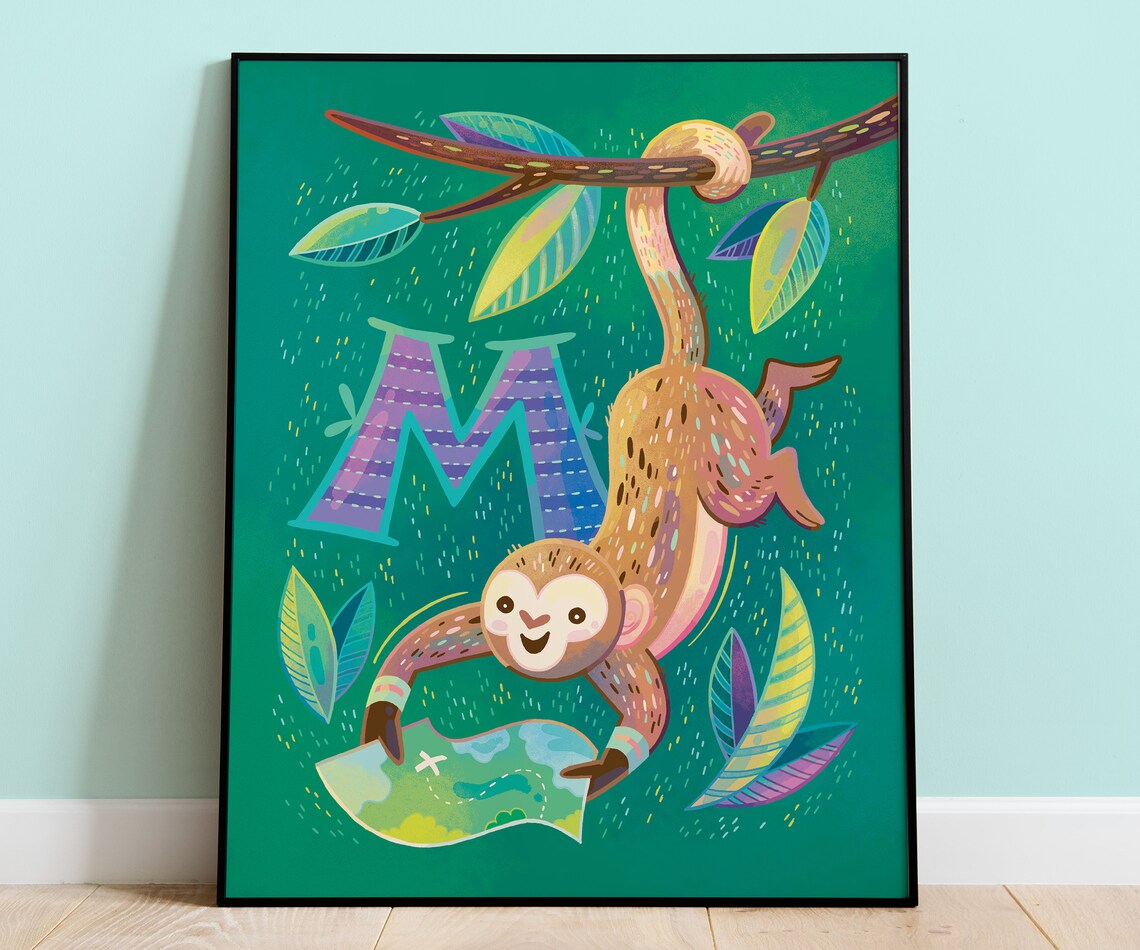Monkey Initial M Alphabet Art Print, Kids Room Decor
