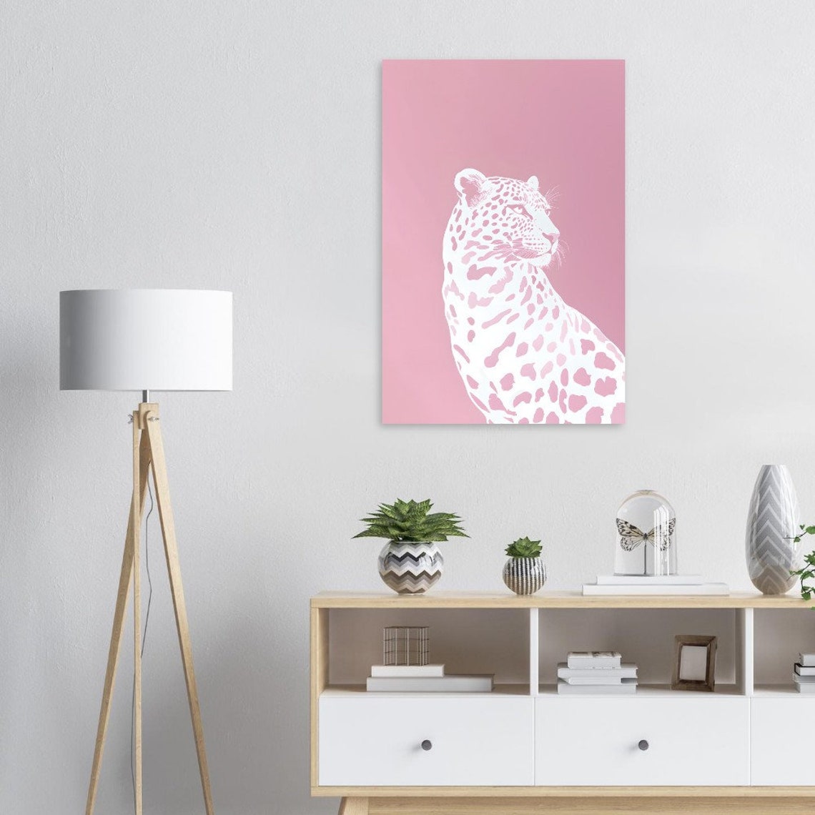 Minimalist White Leopard On Soft Pastel Pink Modern Decor Poster - Image 3