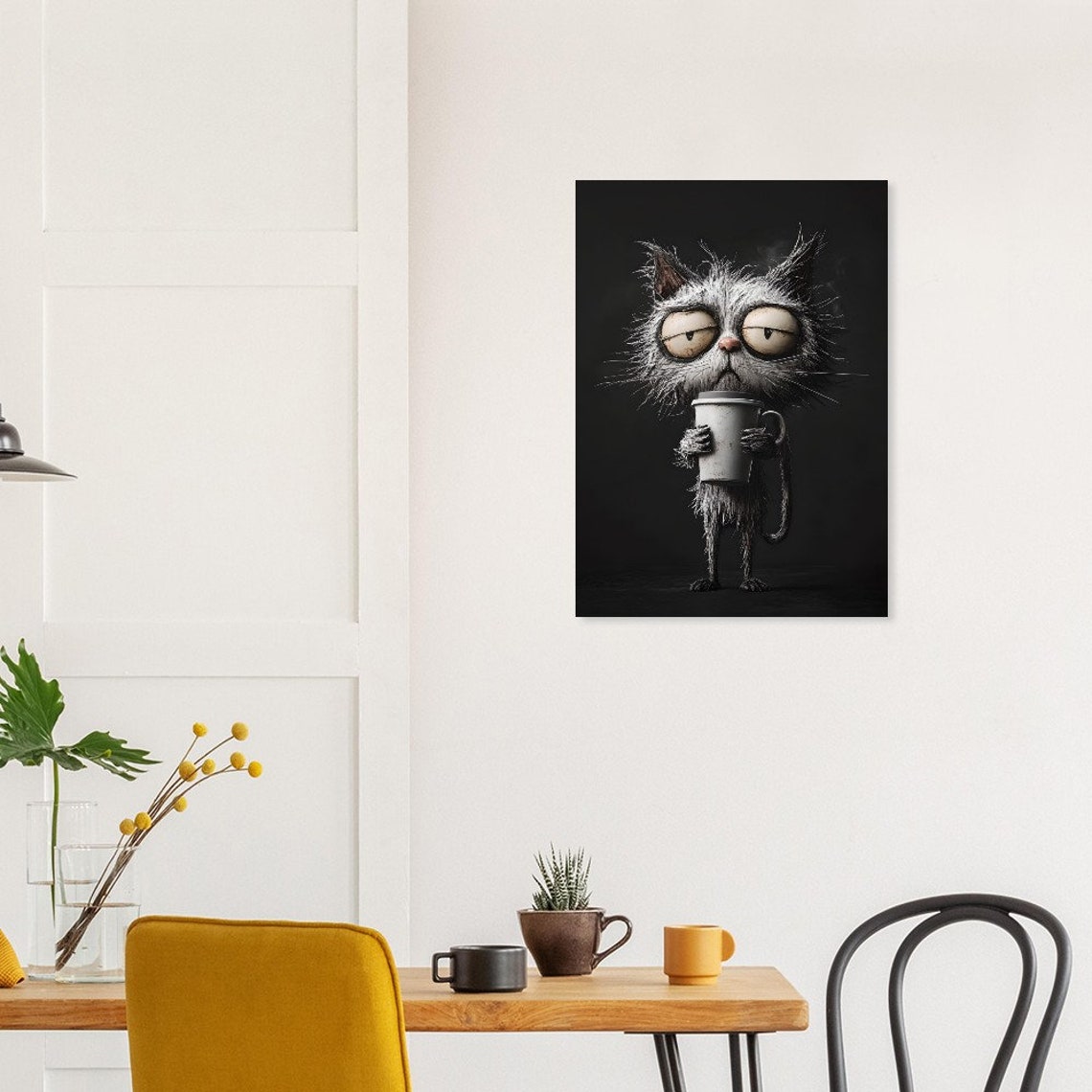 Tired Grumpy Cat With Coffee Mug Funny Dark Wall Decor Poster - Image 4