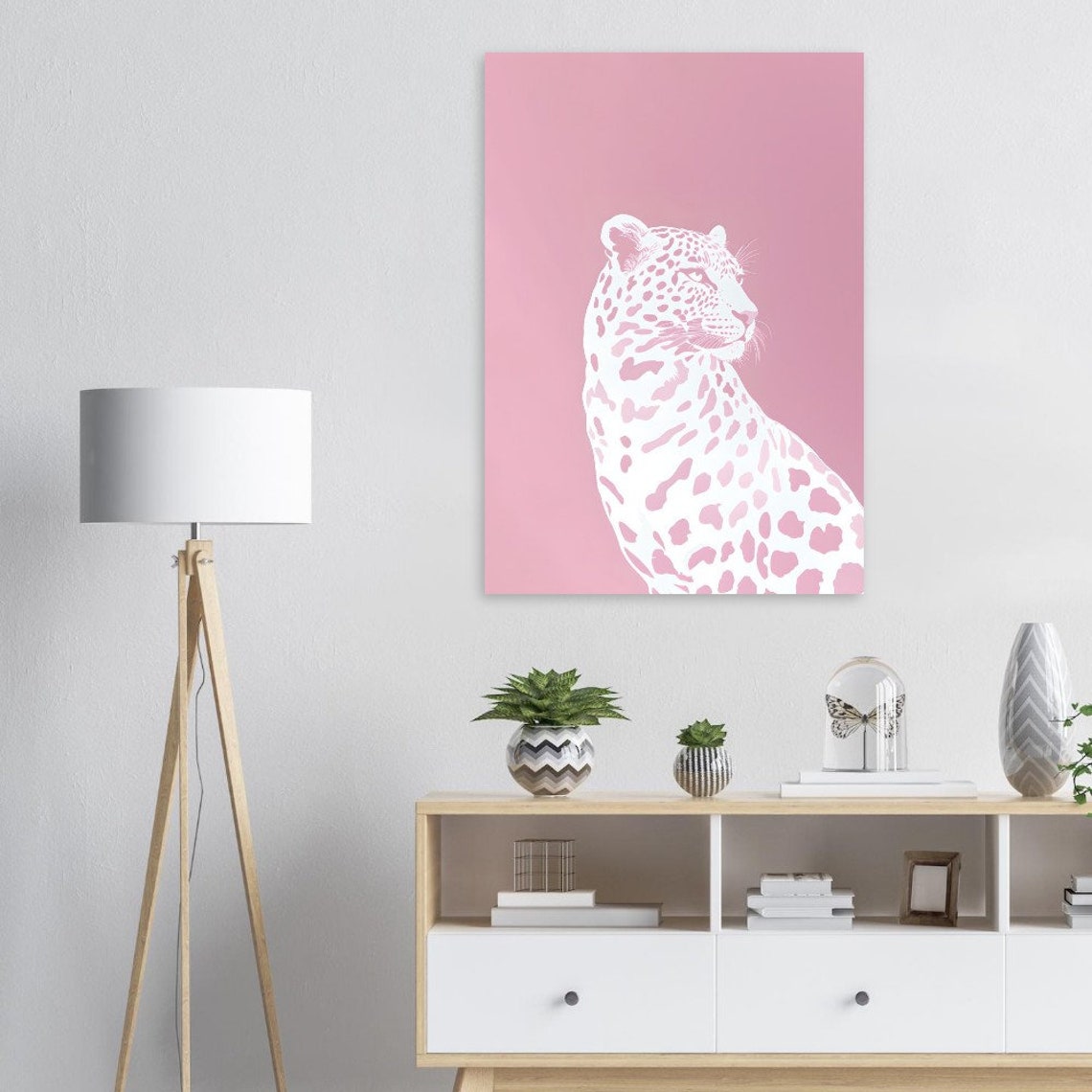 Minimalist White Leopard On Soft Pastel Pink Modern Decor Poster