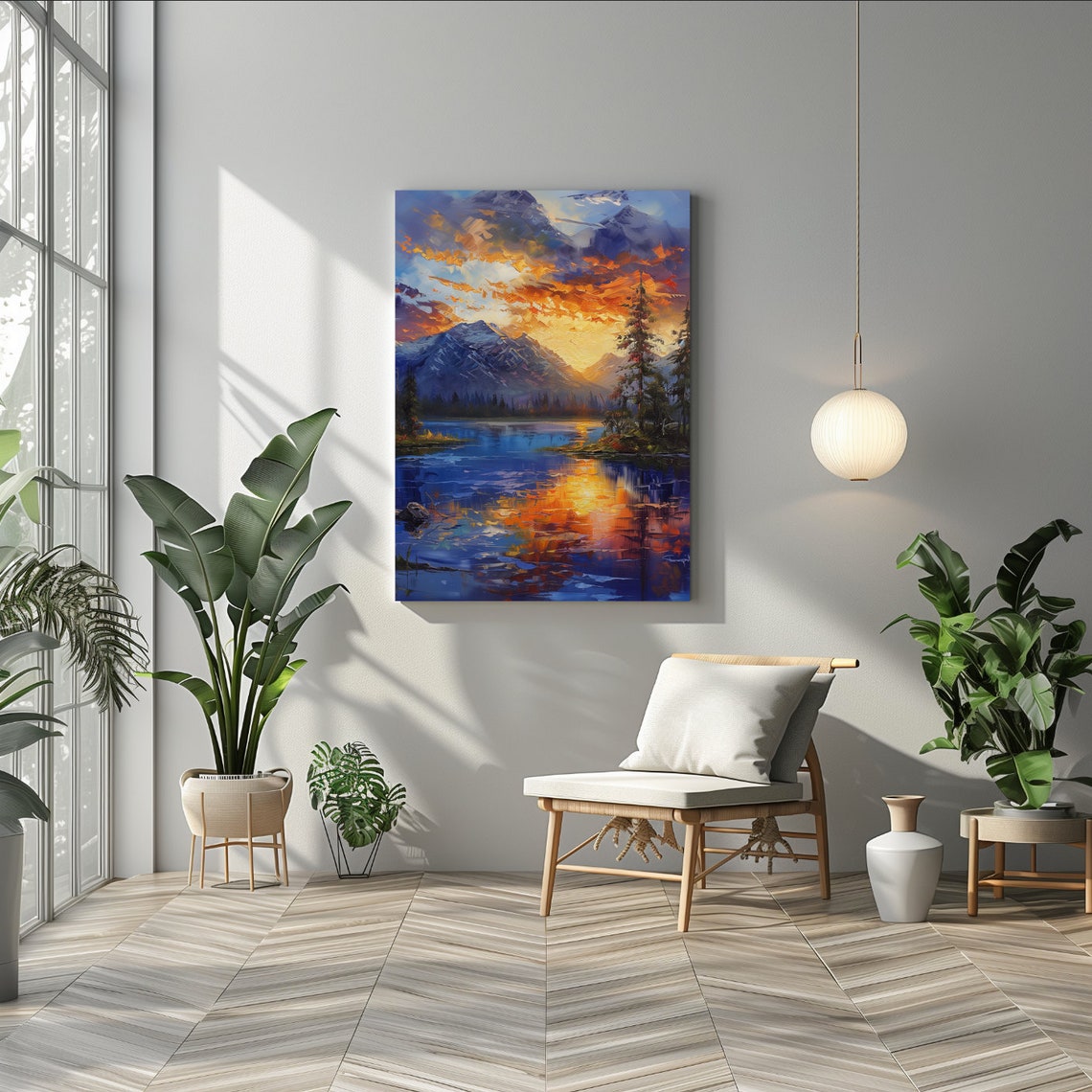 Fiery Sunset Over Mountain Lake With A Tall Pine Tree Poster