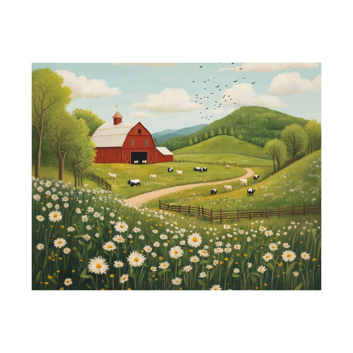 Daisy Field Red Barn Rolling Hills Cows Rustic Country Poster - Image 3