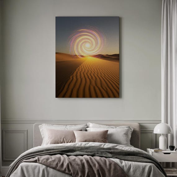 Surreal Desert Canvas Framed Fantasy Print Abstract Sun Artwork Psychedelic Wall Decor Mystical Sandscape Boho Swirl Painting