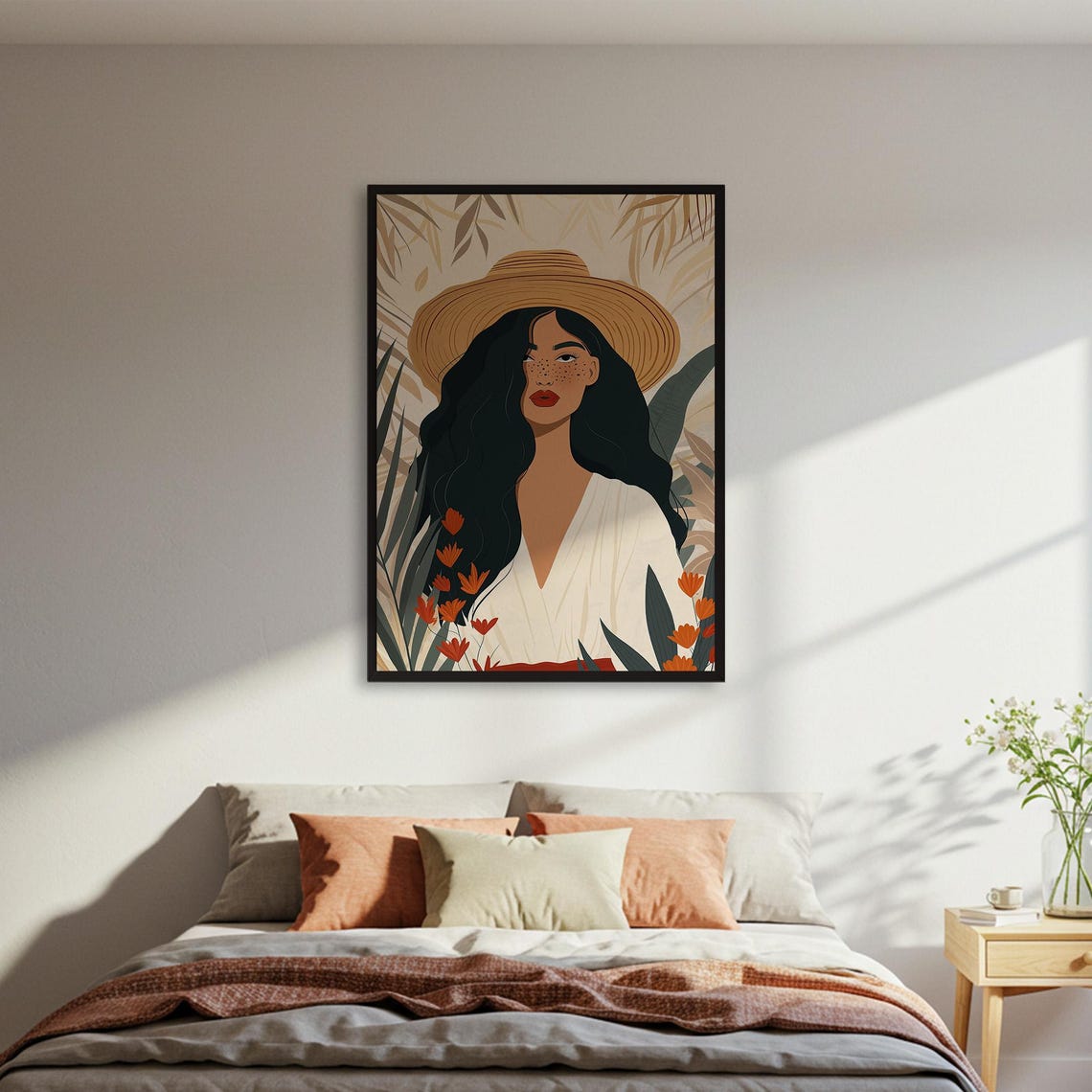 Woman in Straw Hat Tropical Leaves Boho Portrait Illustration Poster