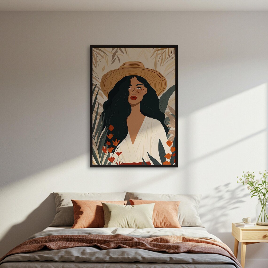 Woman With Hat Art Print Tropical Wall Decor Botanical Portrait Poster Boho Framed Or Unframed