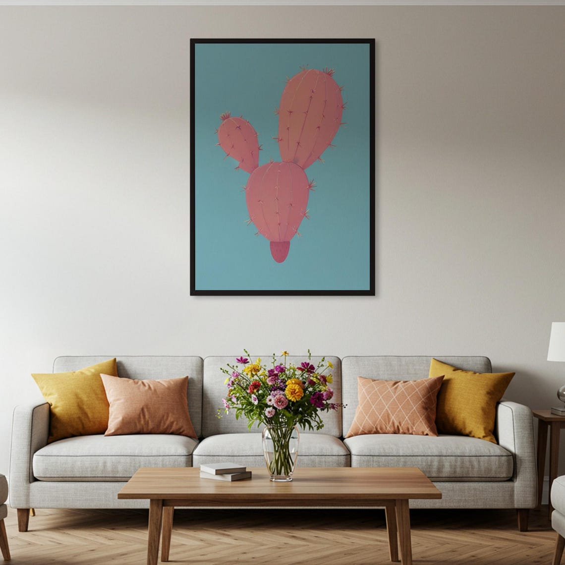 Pink Prickly Pear Cactus On Teal Background Minimalist Poster - Image 2