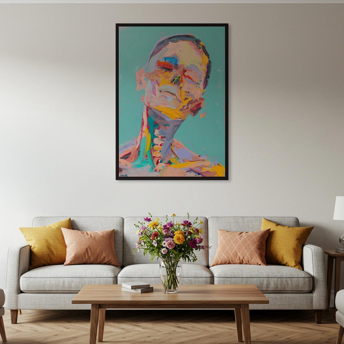 Abstract Colorful Portrait Impasto Brushwork Teal Background Poster - Image 2