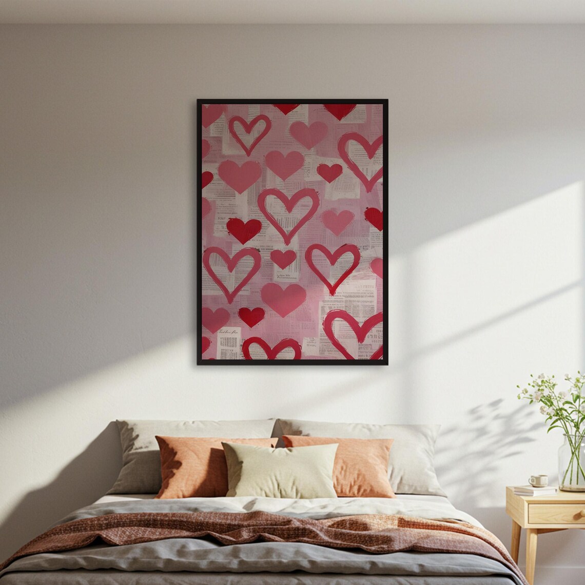 Pink Hearts Collage Newsprint Romantic Love Bedroom Decor Poster