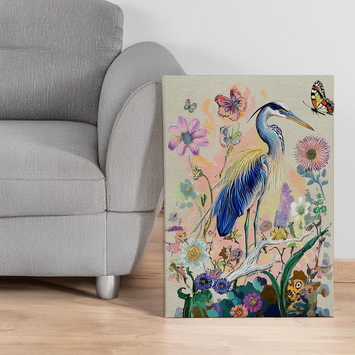 Blue Heron Botanical Bird Butterflies Colorful Floral Canvas Print
