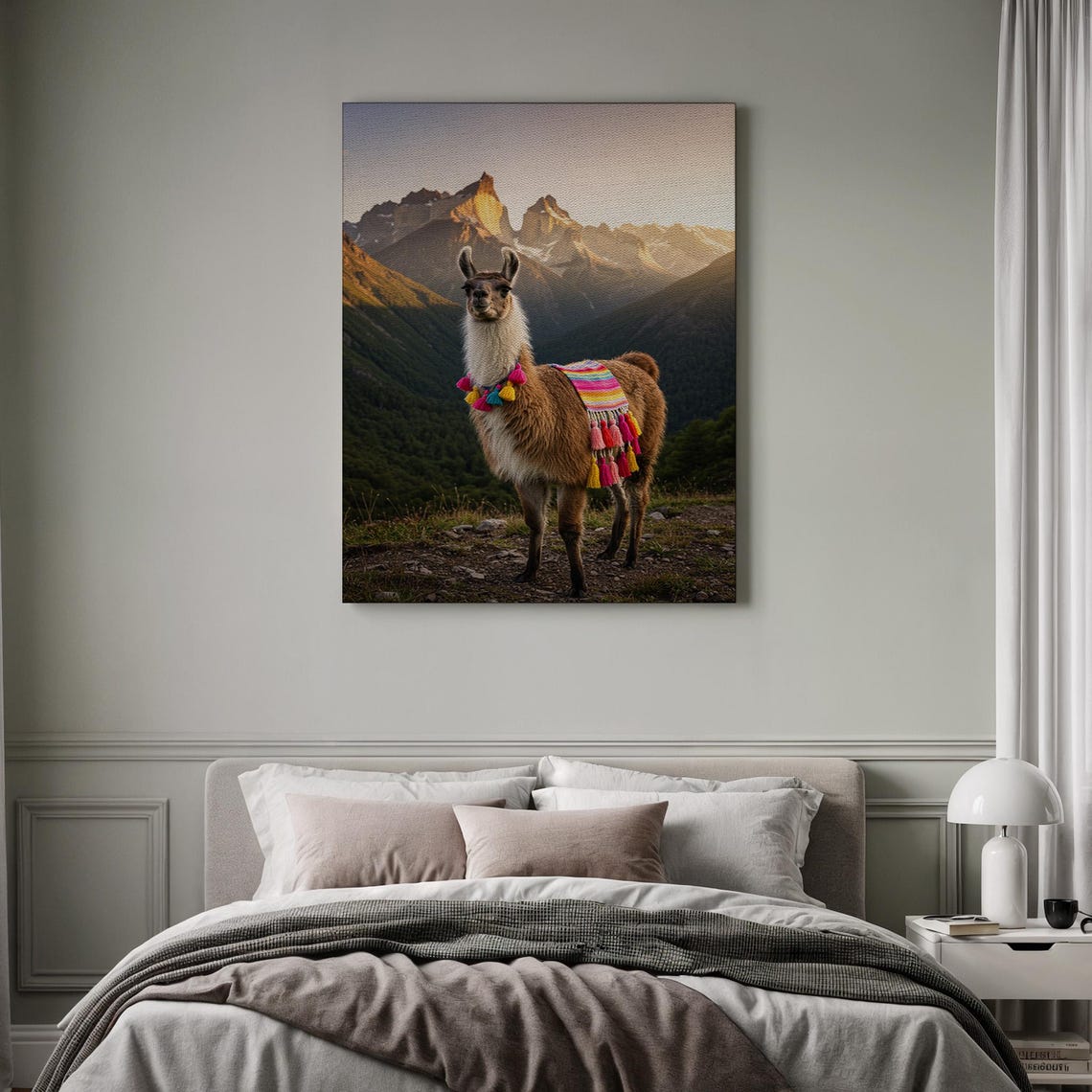 Festive Llama With Tassels Before Sunlit Mountain Peaks Poster