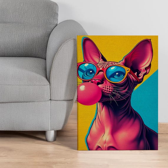Sphynx Cat Pop Art Canvas Wall Neon Bubblegum Kitty With Glasses In Bold Colors Cool Funny Modern Decor For Lovers Or Gift