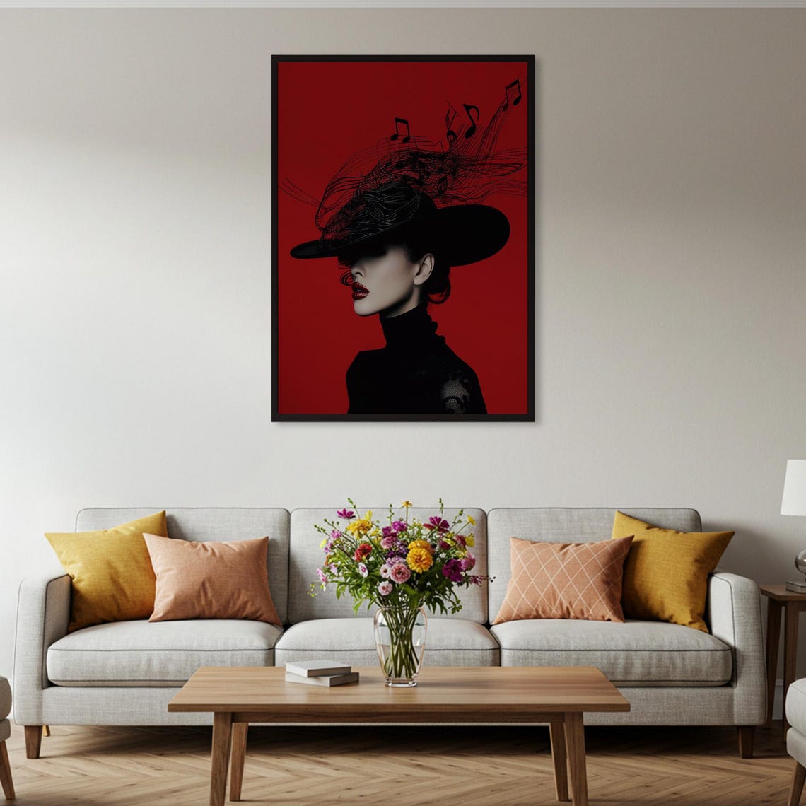 Elegant Woman Wide Brim Hat Music Notes Red Background Poster - Image 2