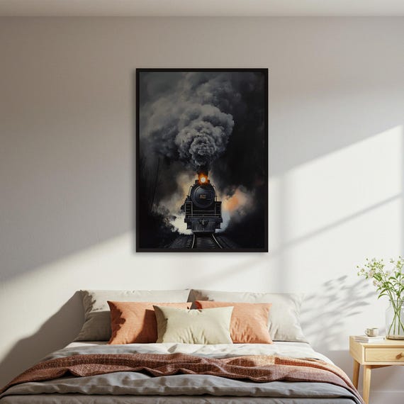 Moody Steam Train Poster Vintage Locomotive Art Print Atmospheric Railway Wall Dark Industrial Decor