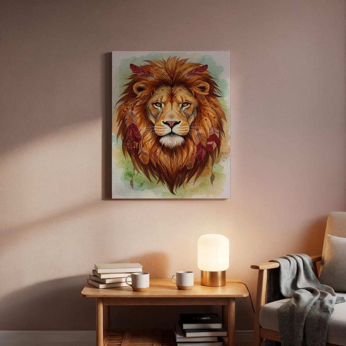 Lion Head with Feathers Watercolor Boho Tribal Animal Art Poster - Image 5