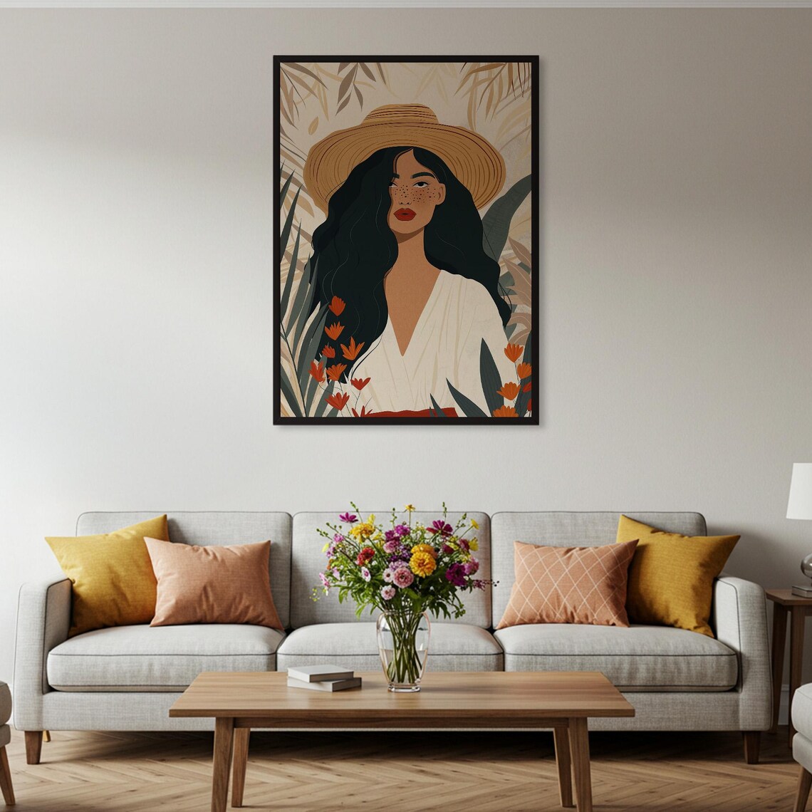 Woman With Hat Art Print Tropical Wall Decor Botanical Portrait Poster Boho Framed Or Unframed - Image 2