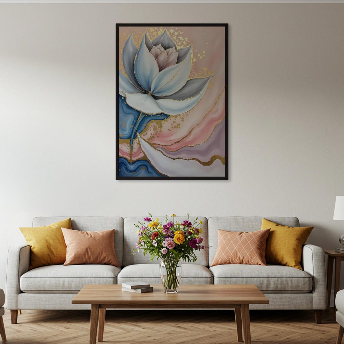 Blue Lotus Flower with Gold Accents on Pink Marble Floral Poster