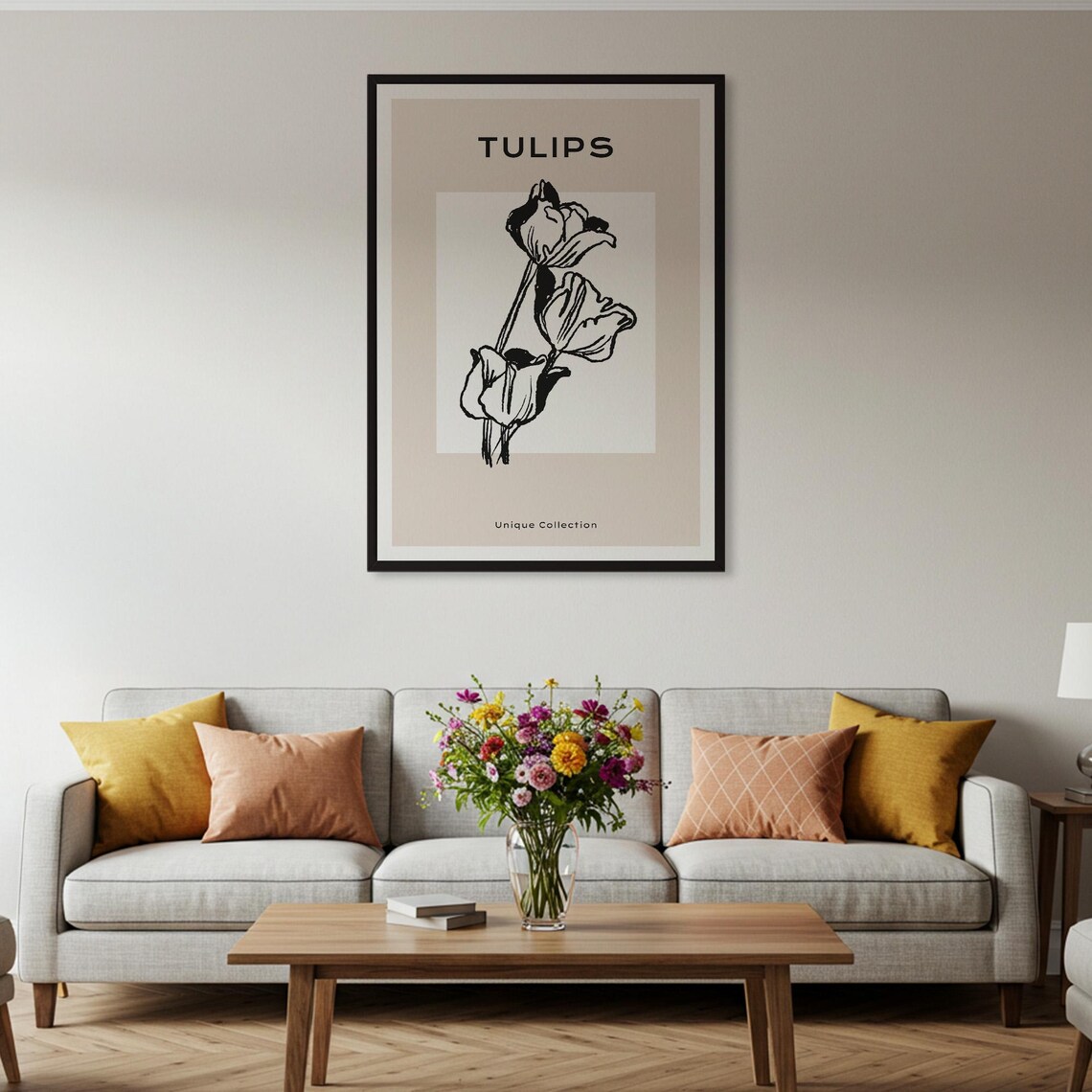 Tulips Minimalist Black Line Art Neutral Botanical Flower Poster - Image 2