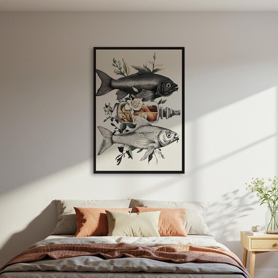 Vintage Fish And Bottle Art Print Nautical Wall Decor Poster Unique Illustration Steampunk Inspired Framed Or Unframed