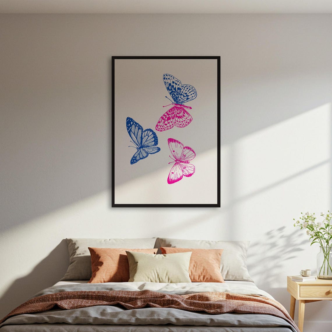 Blue Pink Butterflies Line Art Delicate Insect Illustration Poster
