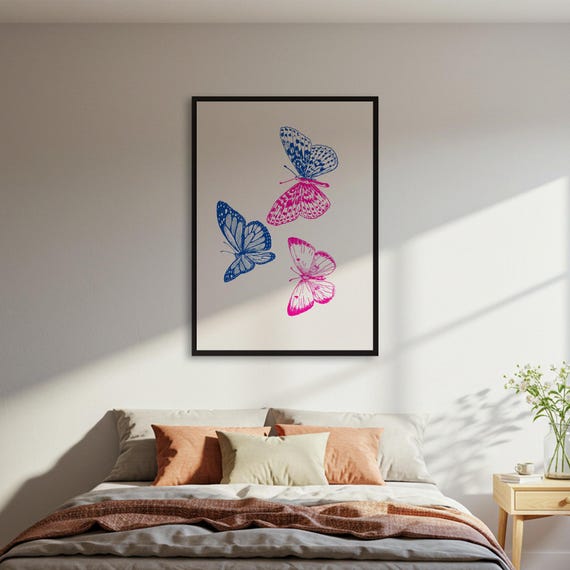 Pink Blue Butterflies Poster Colorful Insect Wall Art Print Nature Decor Framed Or Unframed