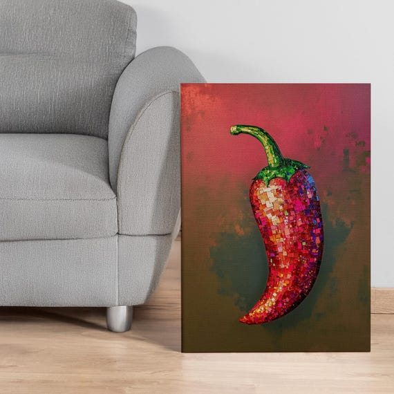 Hot Chili Pepper Canvas Wall Art With Bold Mosaic Texture Pop Kitchen Decor Or Cafe Print Fun And Spicy Modern Framed Poster