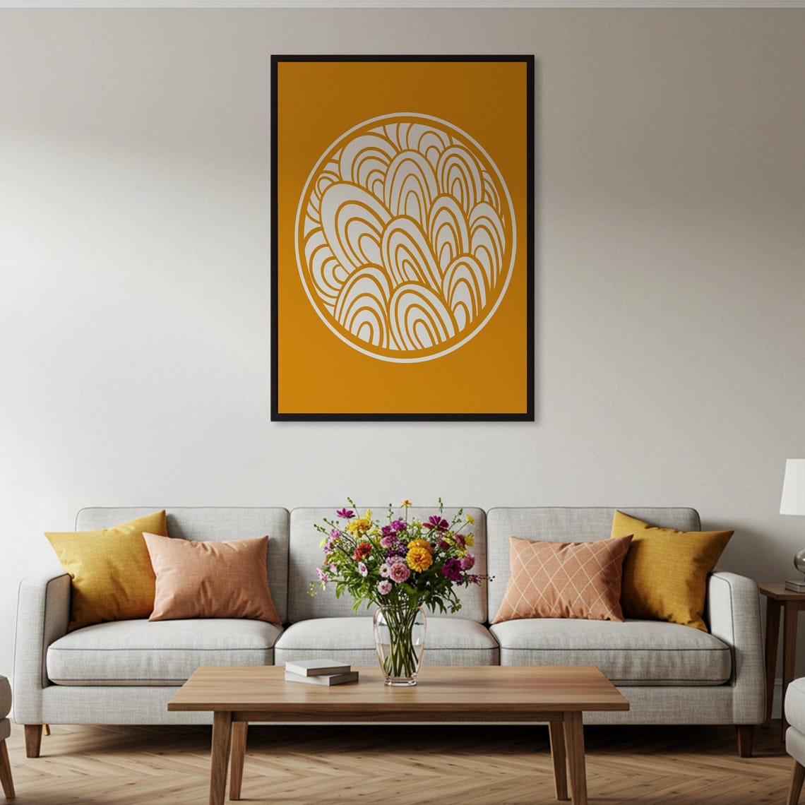 Mustard Yellow Circle Wave Line Art Modern Minimal Abstract Poster - Image 2
