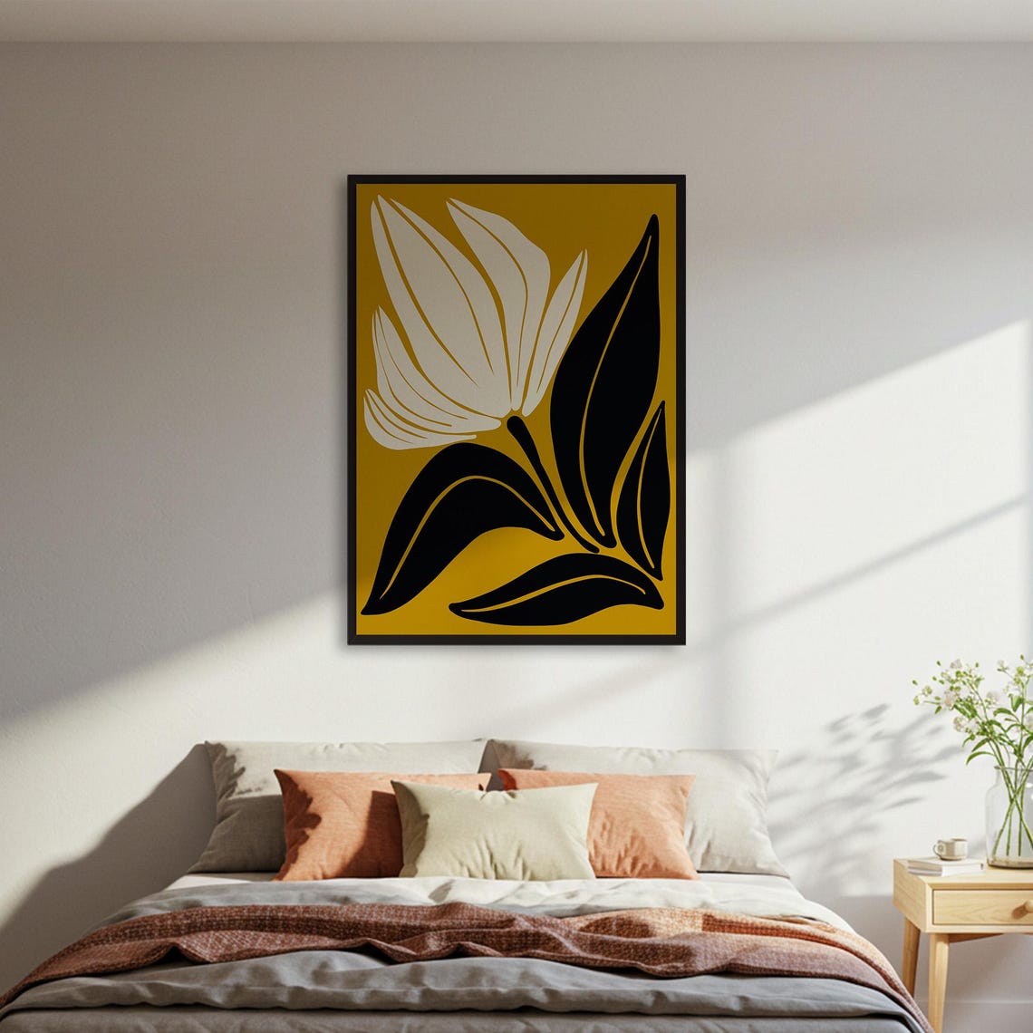 Abstract Flower Mustard Yellow Black White Modern Bold Botanical Print