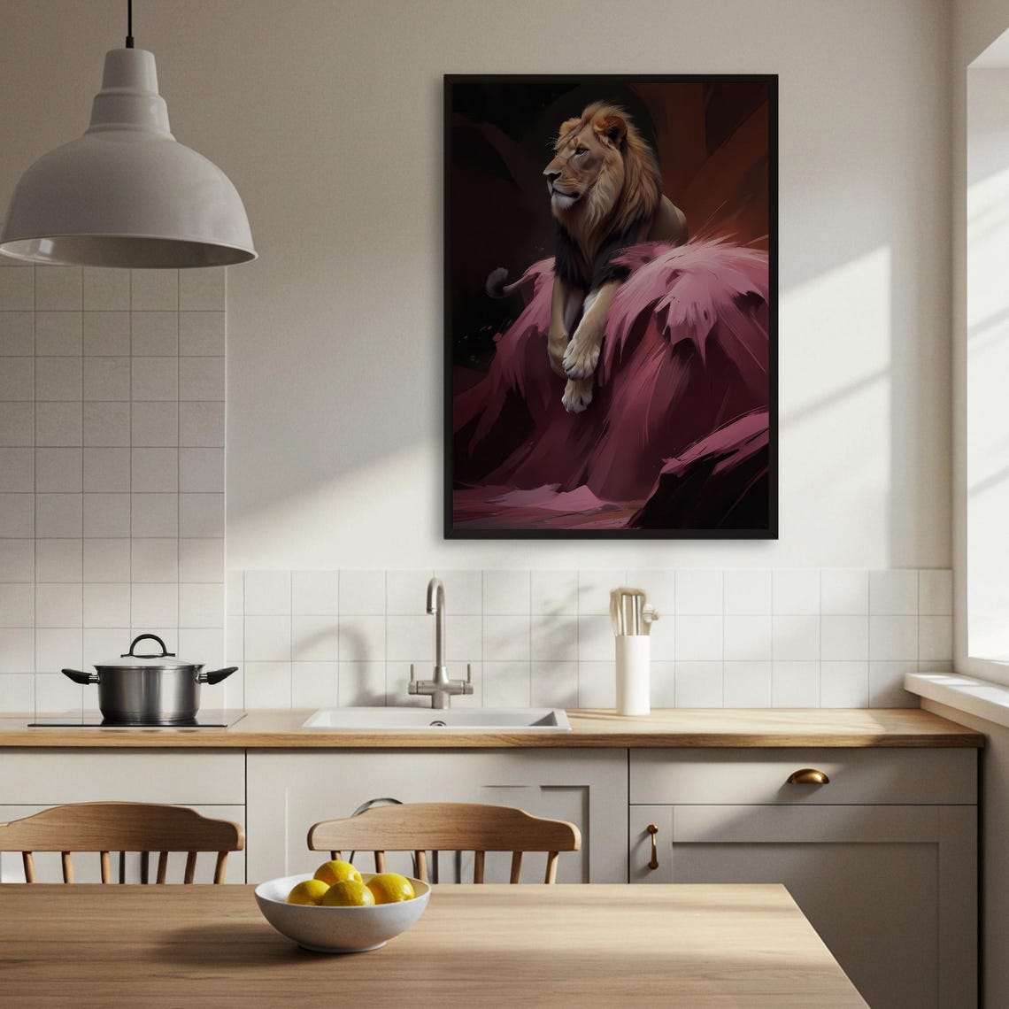 Majestic Lion Resting on Pink Rock Dark Dramatic Wildlife Poster - Image 4