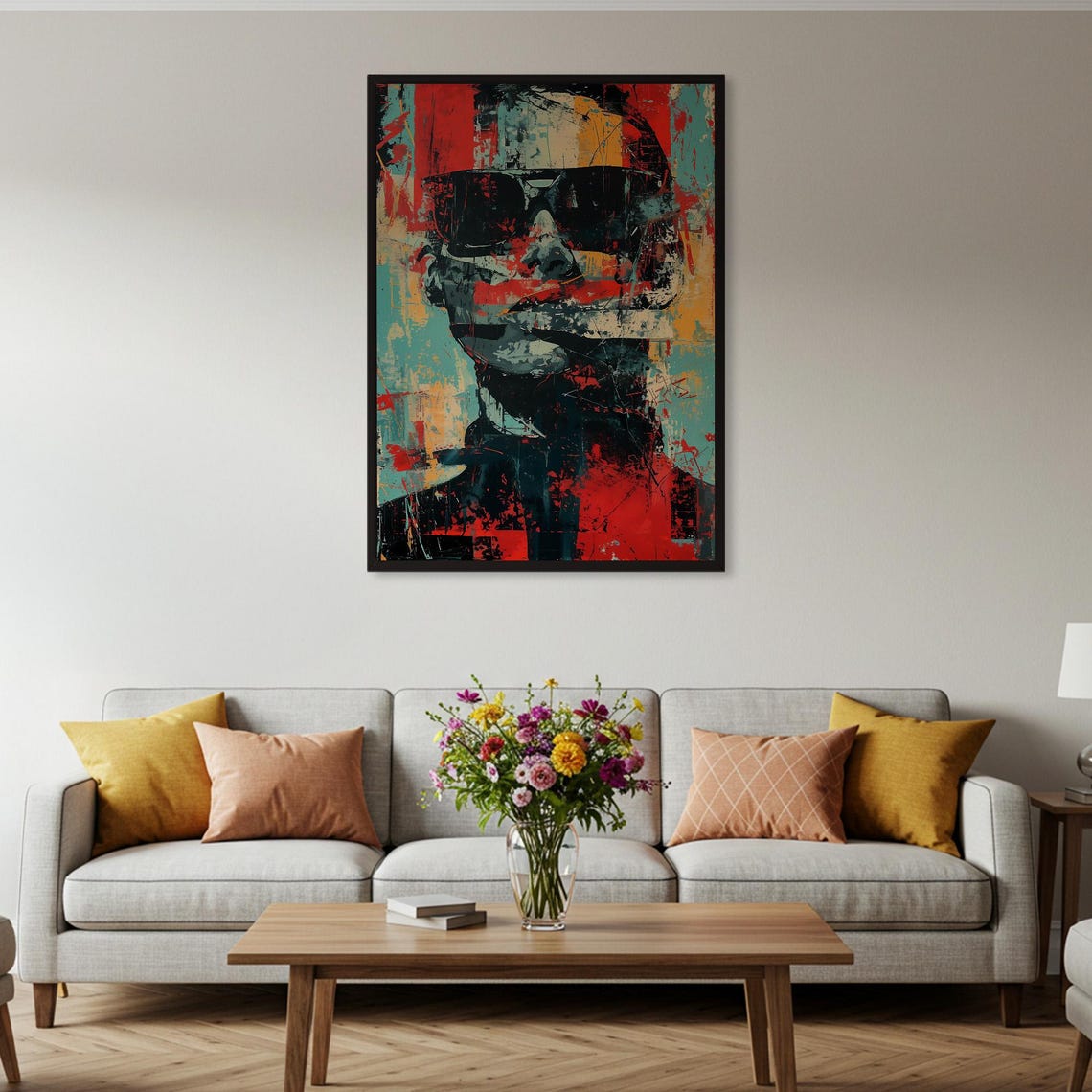 Abstract Man with Sunglasses Red Teal Street Art Portrait Poster - Image 2