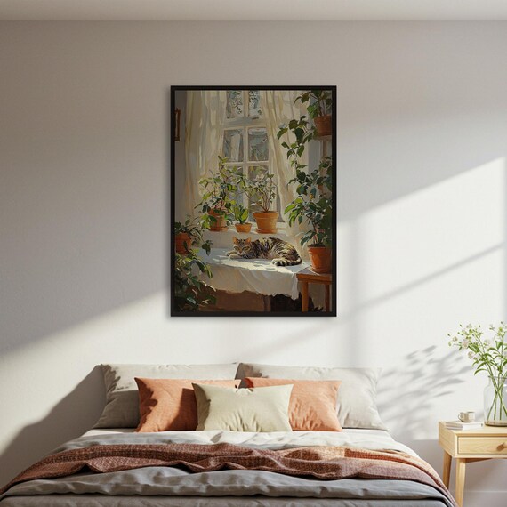 Sleeping Tabby Cat on Sunny Windowsill Poster Cozy Oil Painting Cat Lover Art