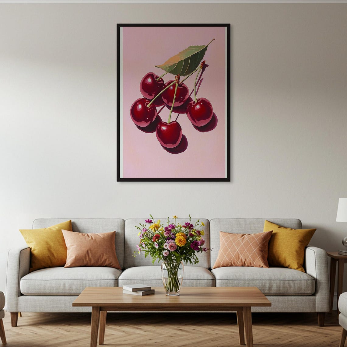 Glossy Red Cherries on Pink Pop Art Fruit Illustration Poster - Image 2