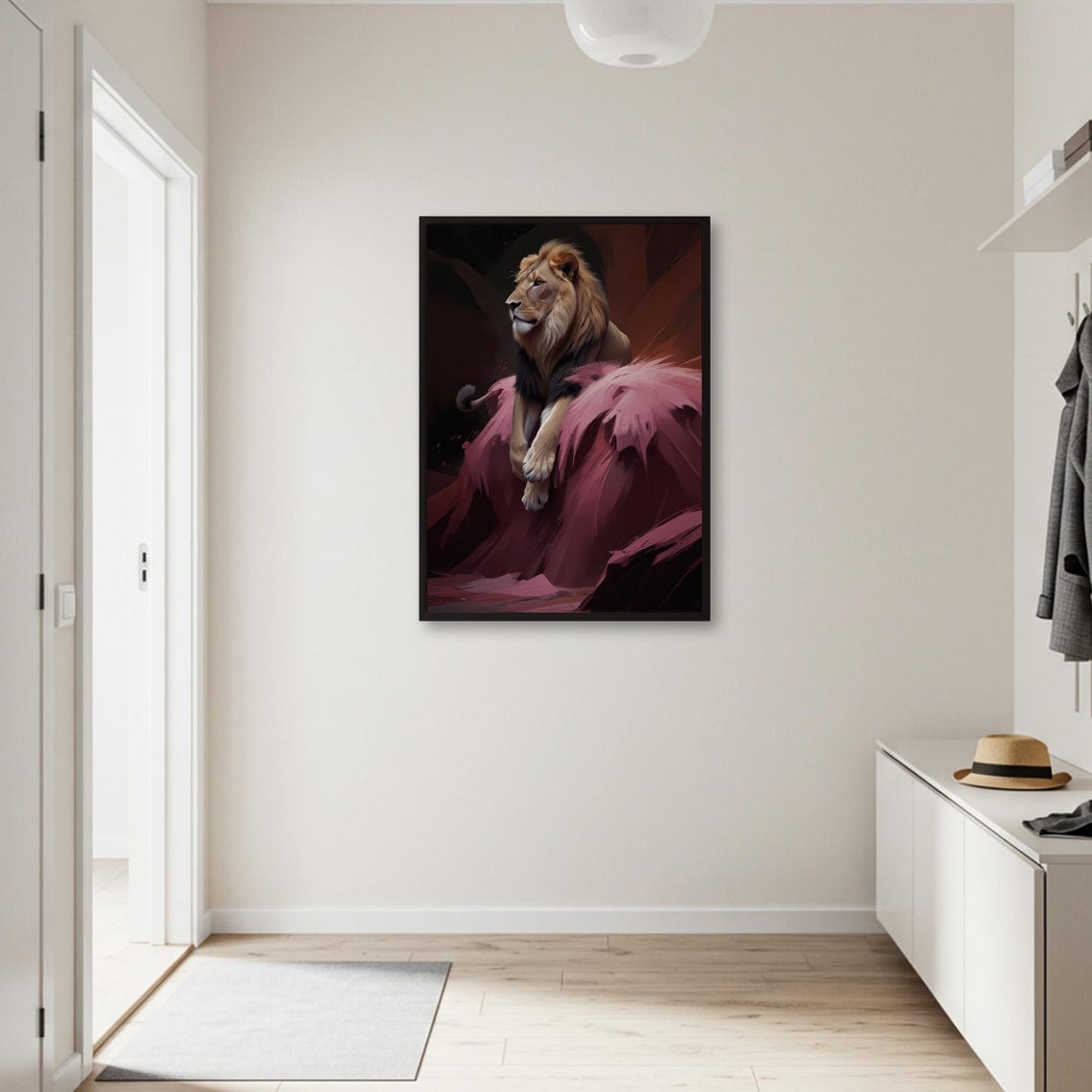 Majestic Lion Resting on Pink Rock Dark Dramatic Wildlife Poster - Image 3
