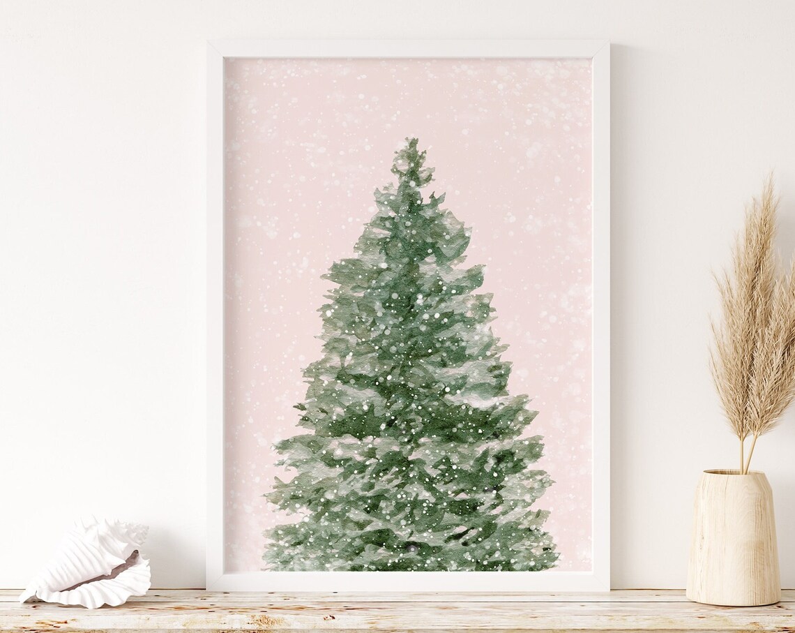 Snowy Evergreen Blush Pink Watercolor Winter Christmas Poster