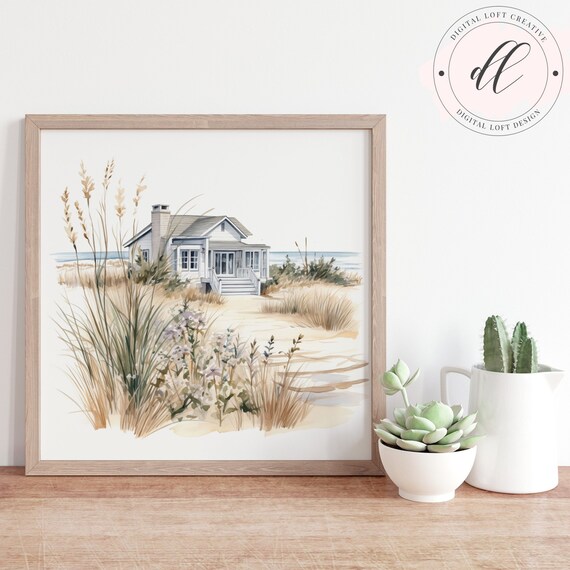 Watercolor Beach House on Dunes with Sea Oats Coastal Decor Poster
