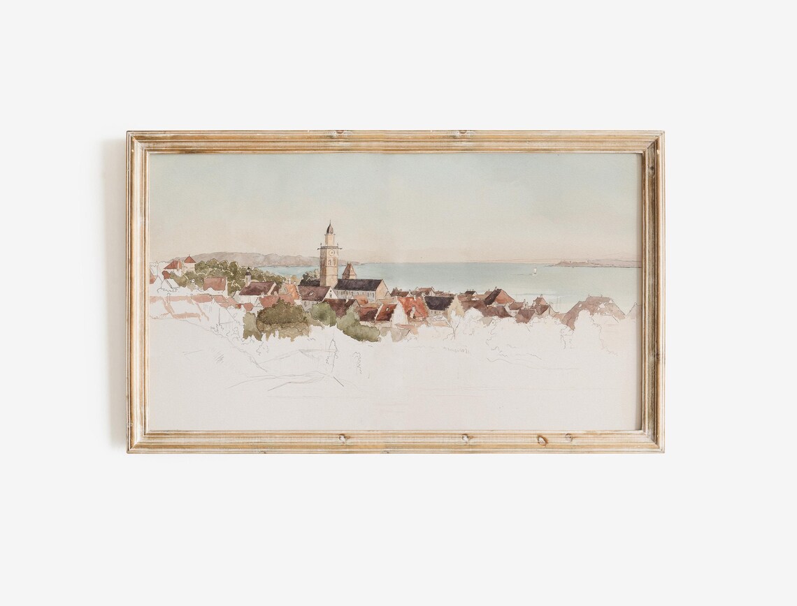 European Coastal Town Watercolor Church Tower Red Roofs Sea Poster - Image 2