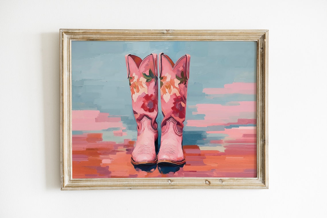 Pink Floral Cowboy Boots Painterly Western Pop Art Statement Wall Art - Image 2