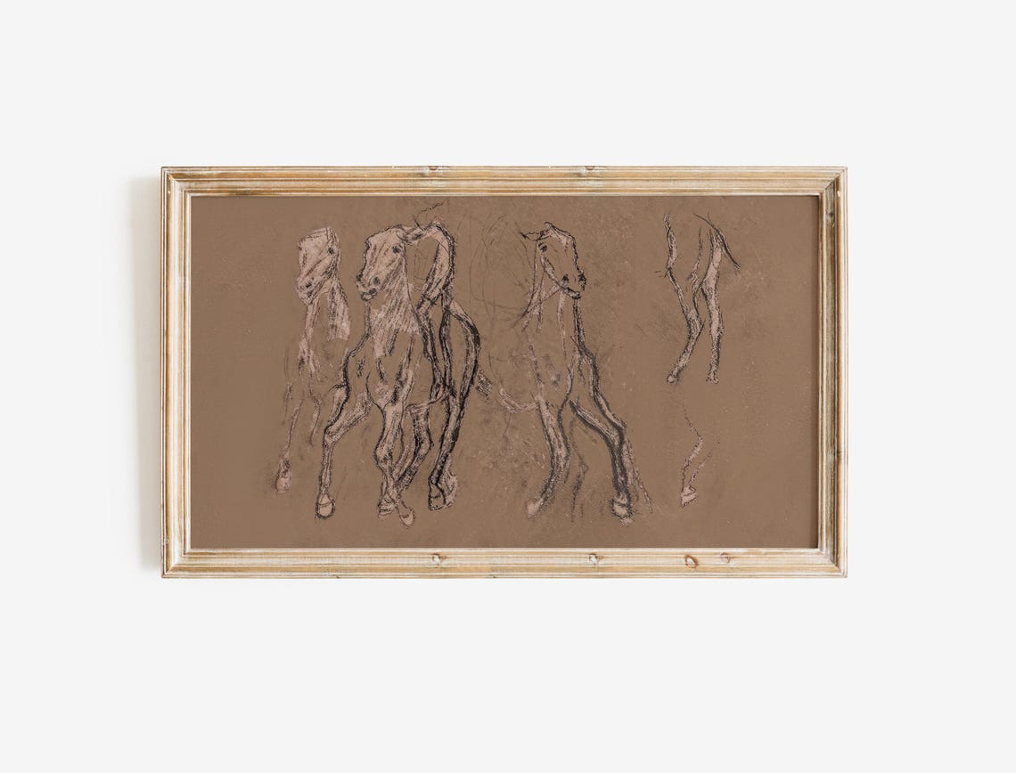 Running Horses Sketch Equestrian Charcoal Drawing Vintage Wall Art - Image 2
