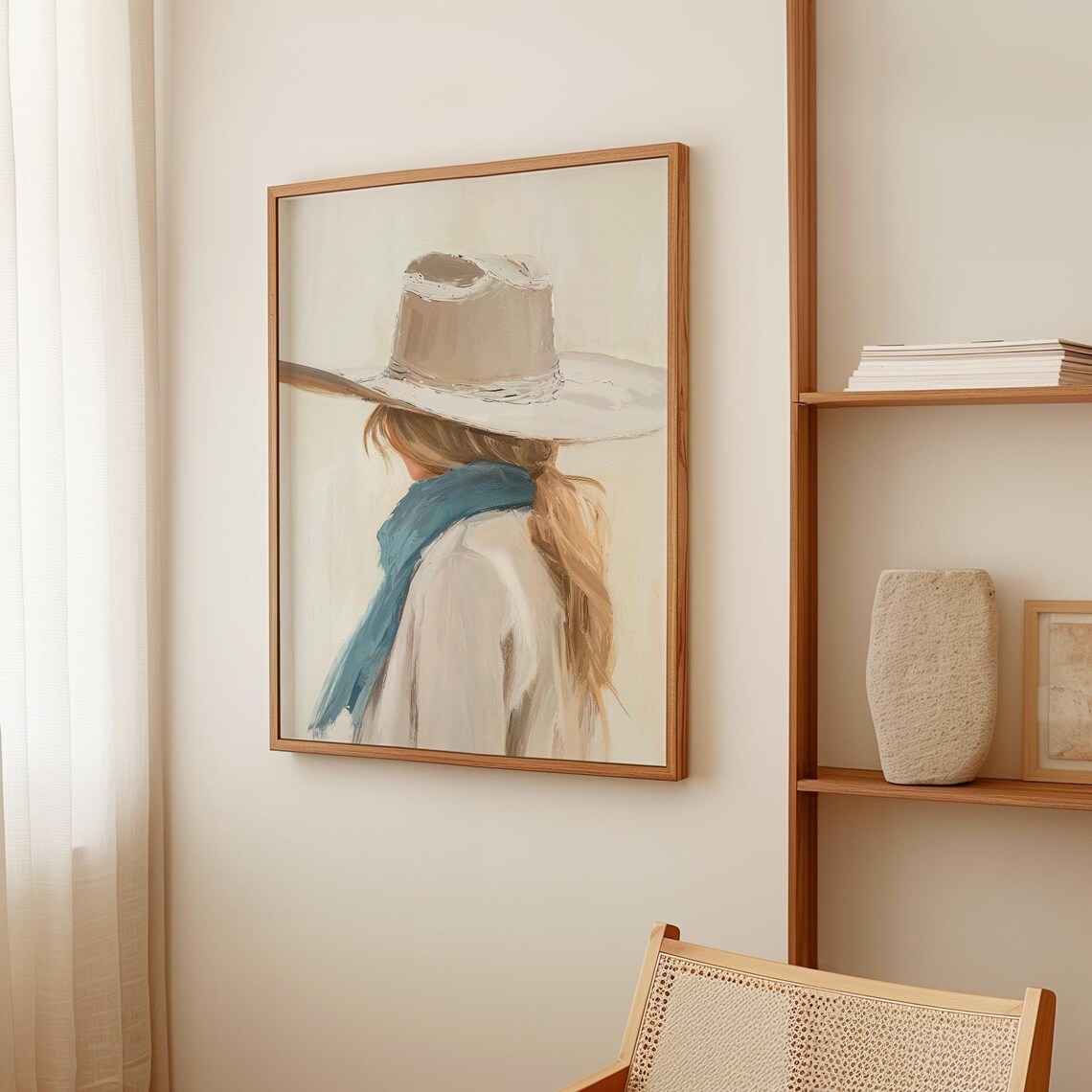 Neutral Cowgirl Portrait with Hat and Blue Scarf Western Art Poster - Image 4