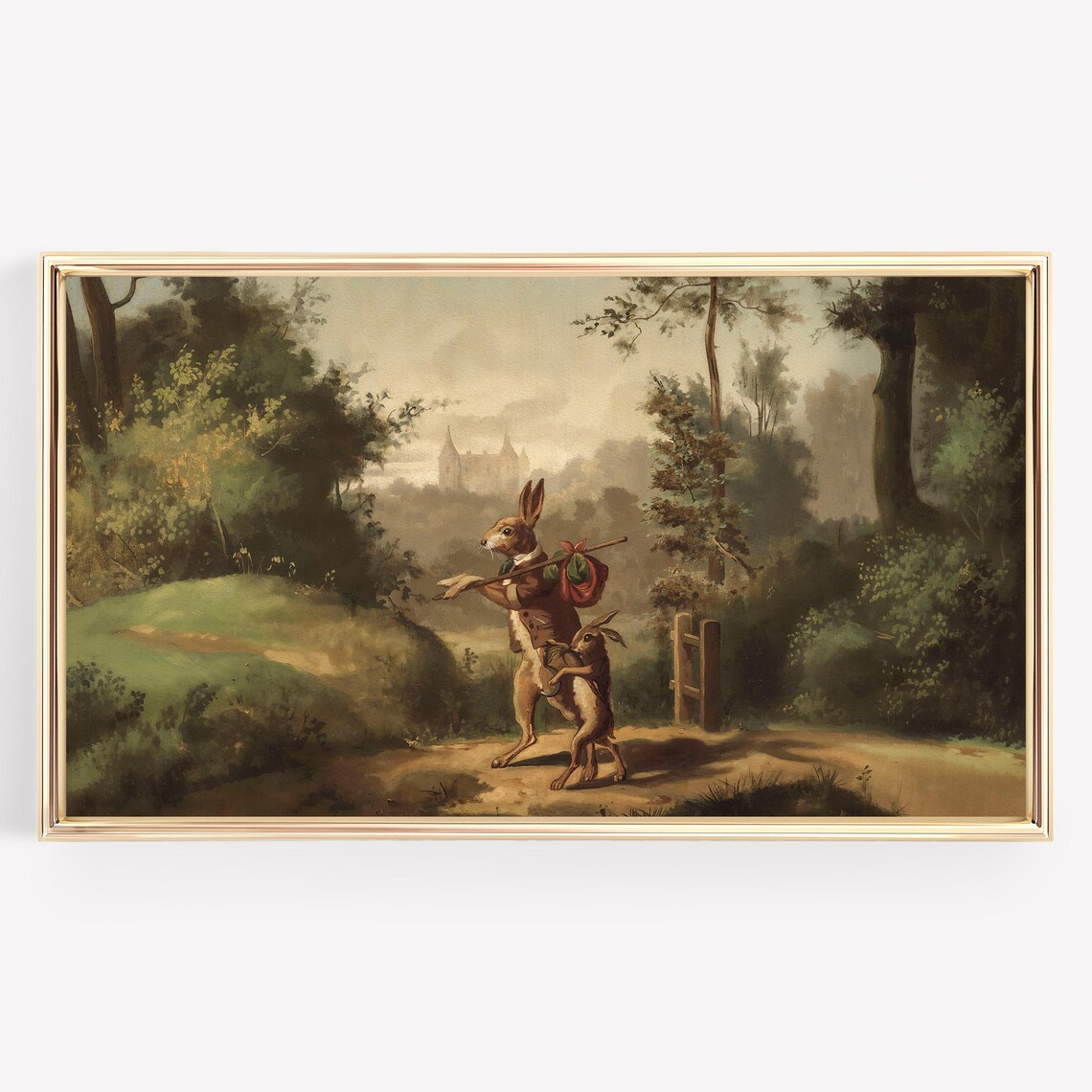 Vintage Hares Walking Forest Path Church Spire Oil Painting Poster - Image 3