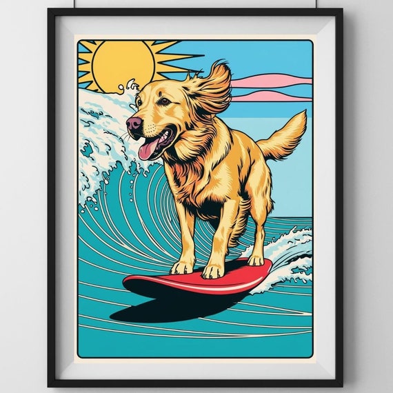 Golden Retriever Surfing Wall Art Retro Pastel Dog Print Funny Bright Artwork Ocean Design Lover Gift