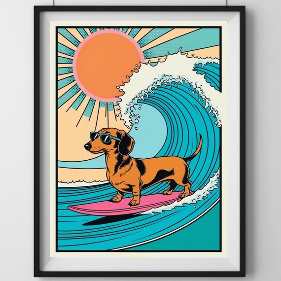 Dachshund Surfing Wall Art Retro Pastel Dog Print Lover Gift Funny Ocean Decor Bright Artwork