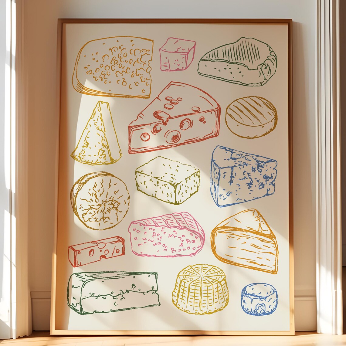 Cheese Print Illustrated Art, Gourmet Kitchen Poster
