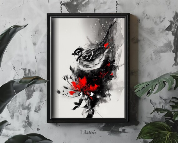 Gothic Bird Art Print Black And White Ink With Red Flowers Instant