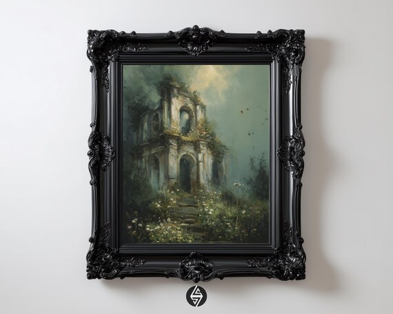 Gothic Ruins Wall Art Romantic Ruin And Overgrown Chapel Dark Academia Botanical Oil Painting Moody Vintage Print 86
